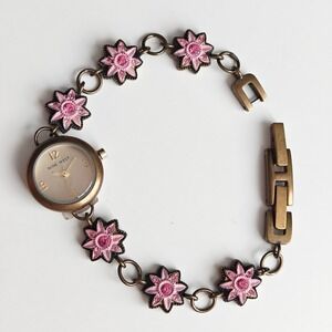 Nine West Womens Floral Bracelet Watch Antique Pink Brass Gold Crystal Sample